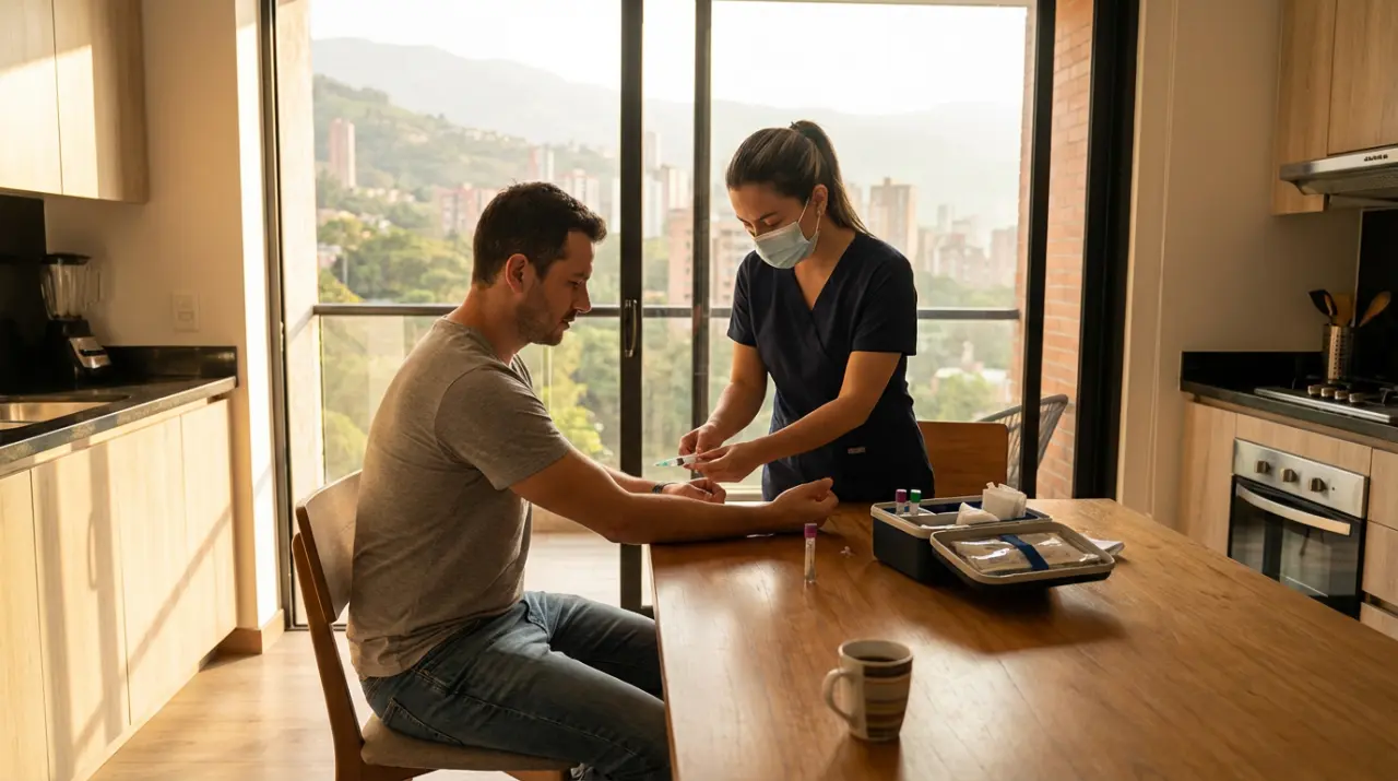Nurse performing testosterone blood draw at a Medellín apartment